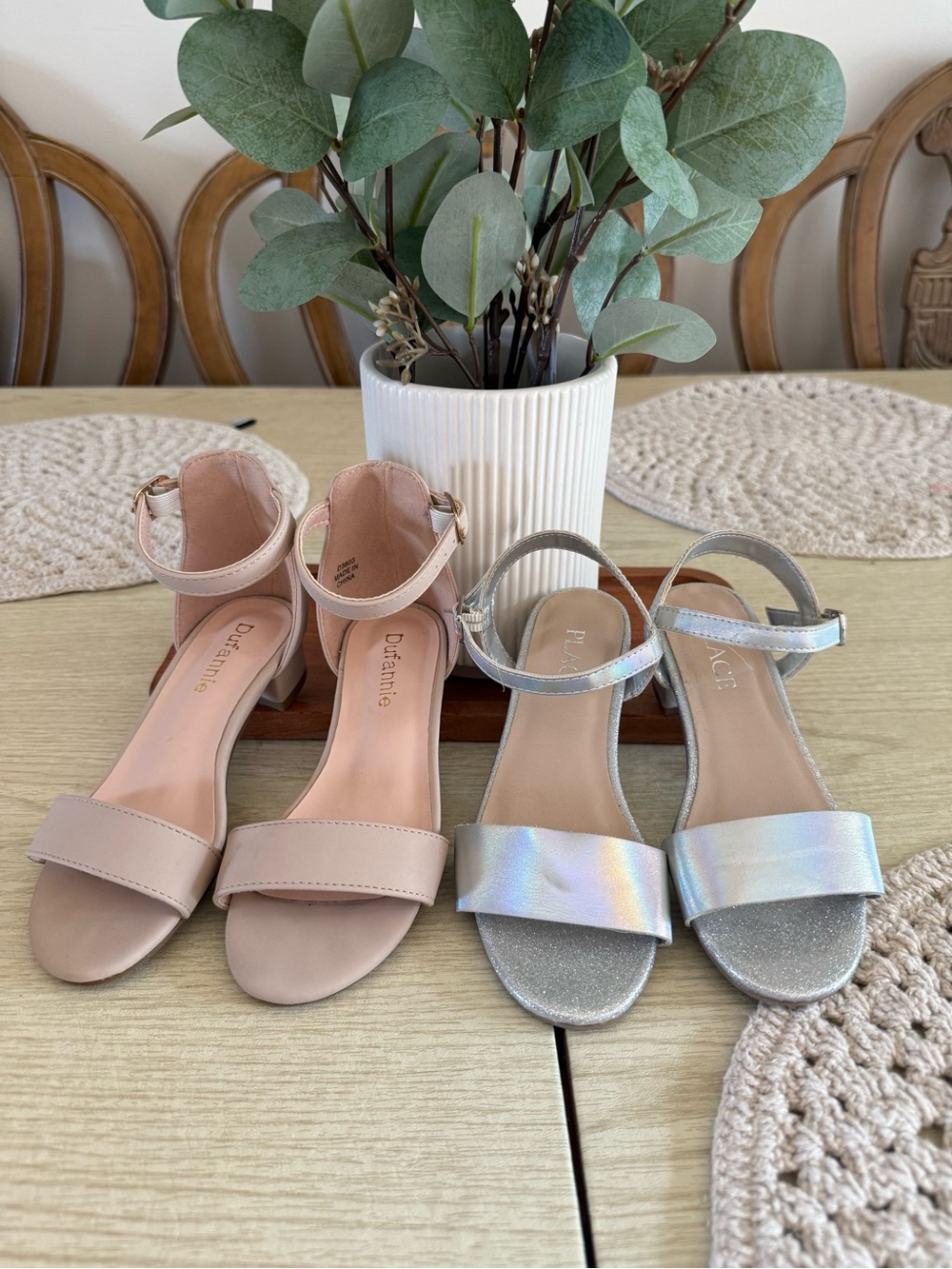Girls' Metallic Silver and Blush Pink Low Block Heel Sandals